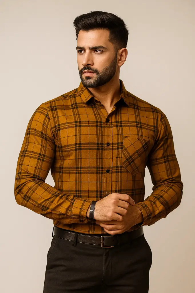 Premium Men's Mustard Checkered Shirt – Stylish, Comfortable & Perfect for Every Occasion