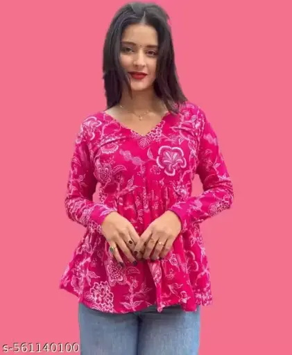 DPK Rayon Flared Pink Aliacut Floral Print Peplum Top