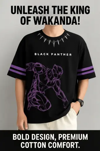 Black Panther Graphic Oversized T-Shirt for Men – Trendy Marvel Printed Half Sleeve Tee