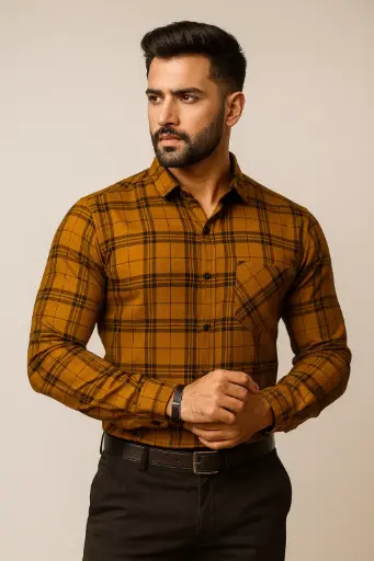 Premium Men's Mustard Checkered Shirt – Stylish, Comfortable & Perfect for Every Occasion